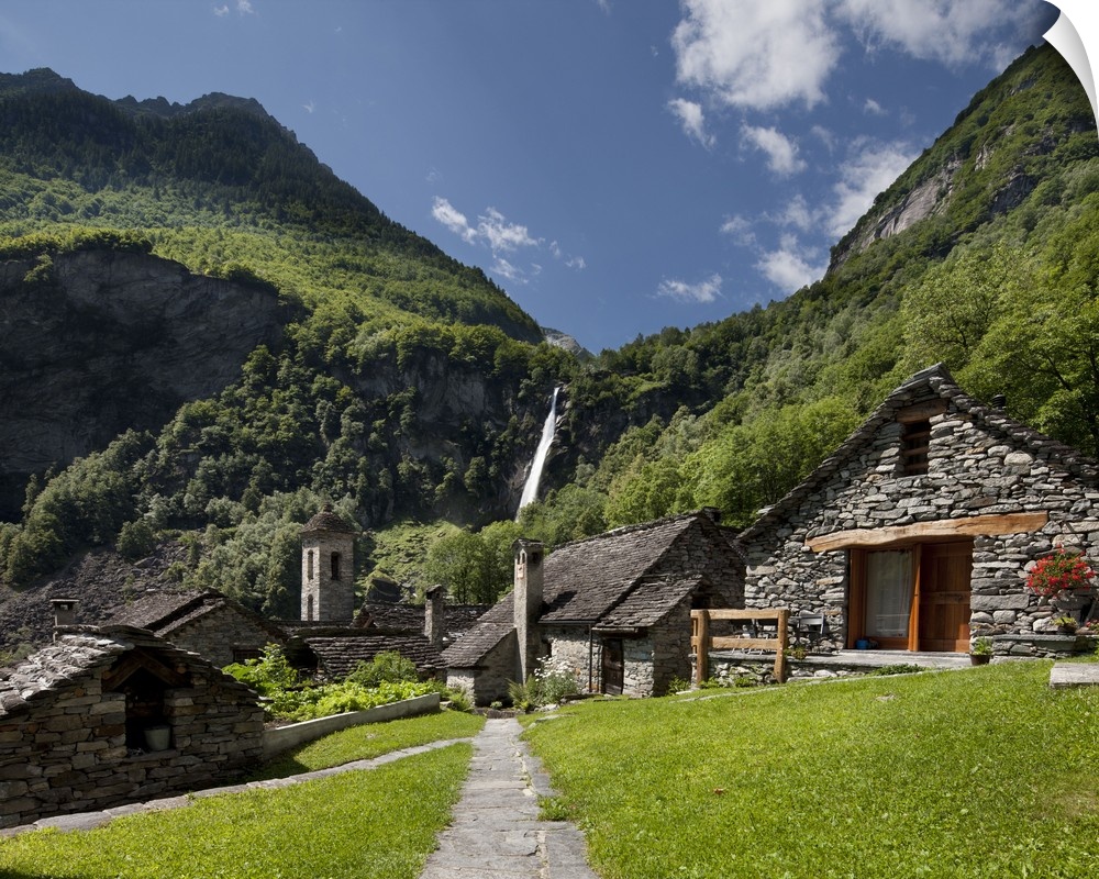 Switzerland, Ticino, Tessin, Alps, Valle Maggia, Val Bavona, Foroglio village and waterfall