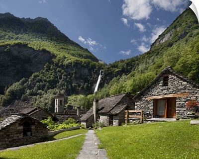Switzerland, Ticino, Alps, Valle Maggia, Val Bavona, Foroglio village and waterfall