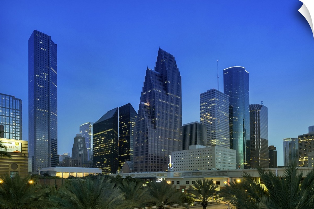 Texas, Houston skyline from the Downtown Aquarium at dusk.