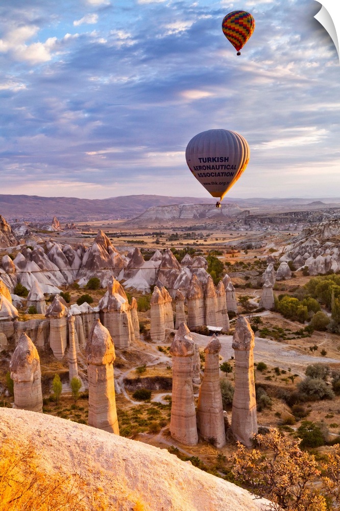 Turkey, Central Anatolia, Cappadocia, Goreme, Hot air balloons over the Honey Valley at sunrise.