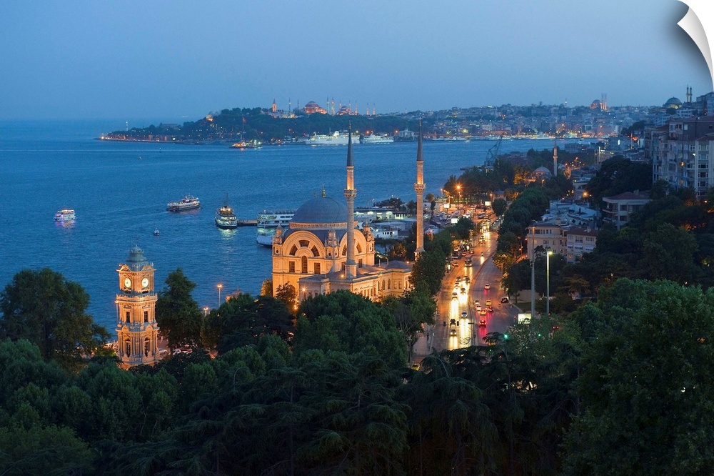 Turkey, Marmara, Istanbul, Dolmabahce Mosque over the Bosphorus Strait