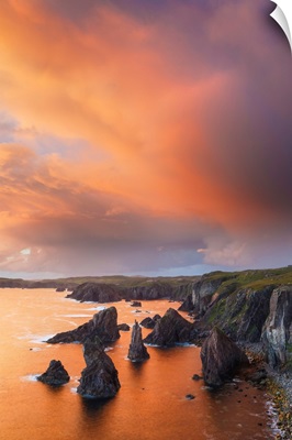 UK, Scotland, Outer Hebrides, Highlands, The Sky Is On Fire Above The Seastacks