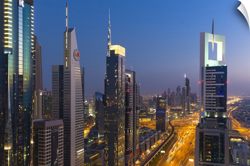 United Arab Emirates, Dubai, Arab states of the Persian Gulf, Arabian peninsula, Futuristic buildings on Sheikh Zayed Road.