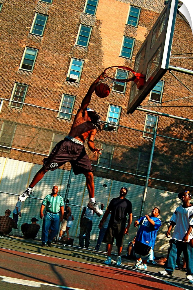United States, USA, New York, New York City, Harlem neighborhood, men playing basketball