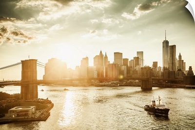 USA, New York City, Brooklyn Bridge, Manhattan Skyline, Sunset, Freedom Tower