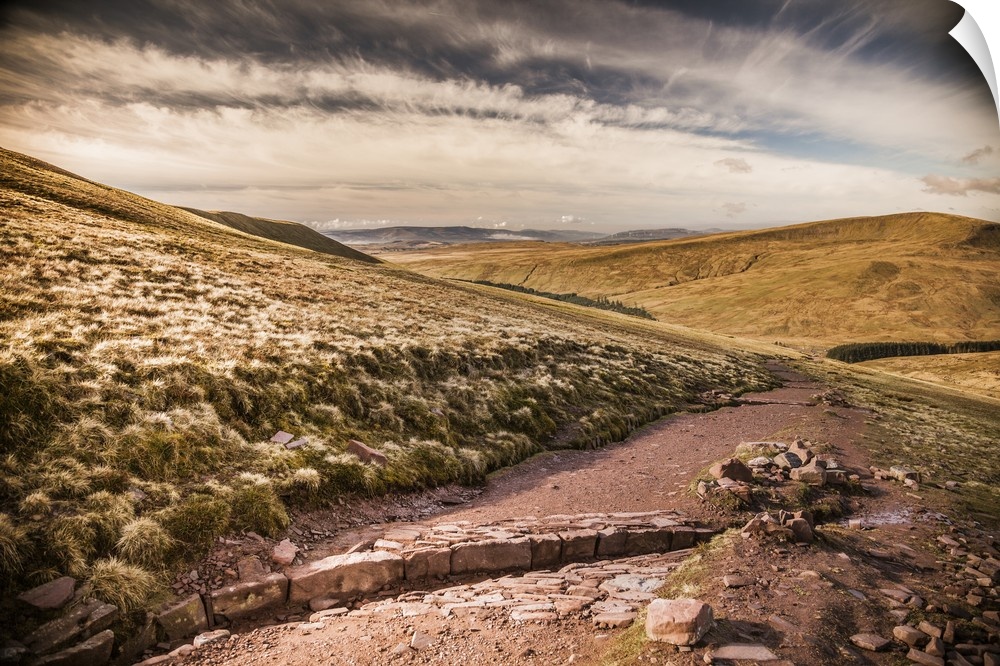 UK, Wales, Great Britain, Brecon Beacons National Park, Mountain trail just after sunrise.