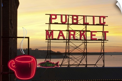 Washington, Seattle, The Public Market sign at Pike Place Market in the evening light