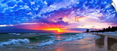Amazing Beach Sunset Panorama-Waves Blue Clouds