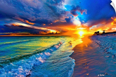 Beach Landscape-Blue Sea Waves-Yellow Sunset Burst