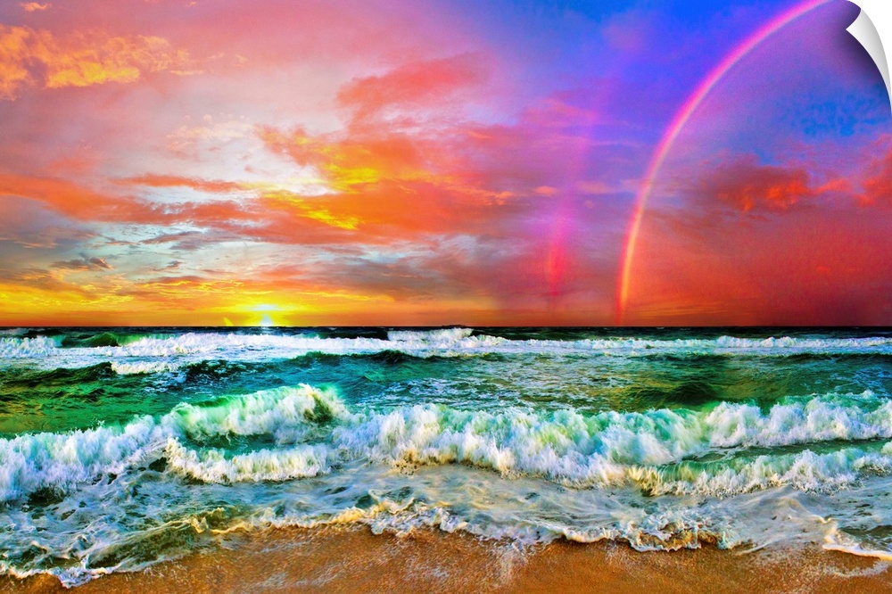 A beautiful beach rainbow with ocean waves and a bright sunset, predominant colors are red and green.