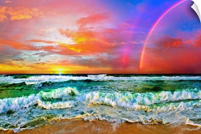 Beach Rainbow Colorful Ocean Wave Sunset
