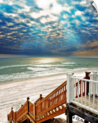 Beach Staircase Blue Sun Rays Glistening Sea