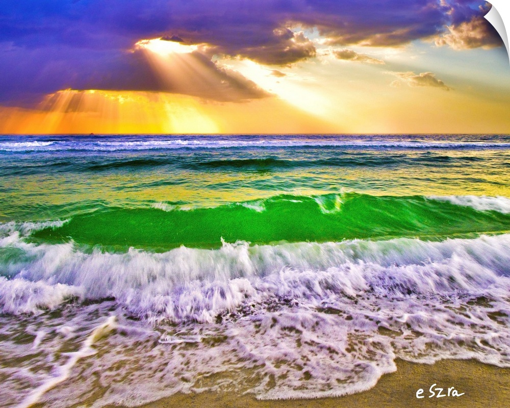 Ocean Waves break upon the sea shore under a beautiful sunset. The golden sun rays break through the waves and onto the be...