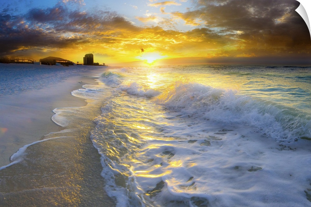 A beautiful beach landscape at sunrise with ocean waves.