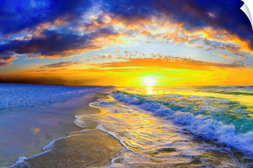 An ocean sunrise with beautiful waves and an orange sunrise.