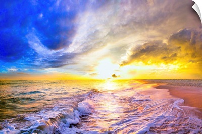 Blue Gold Beach Sunset And Ocean Waves