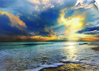 Blue Seascape  Gold Sunrays Sunset