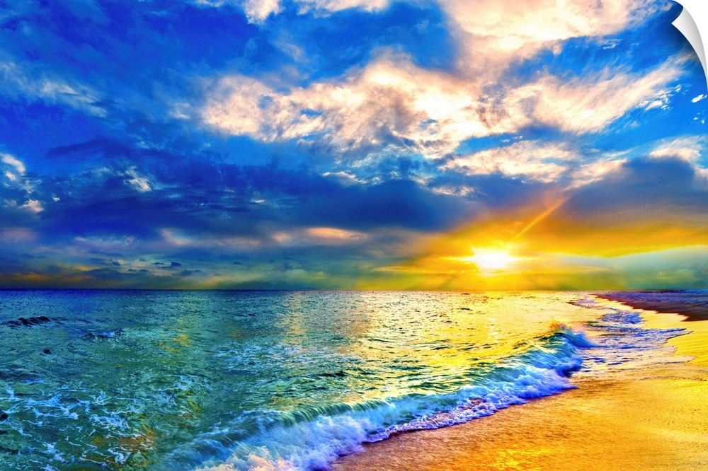 A blue seascape beneath a gold and blue skyscape.