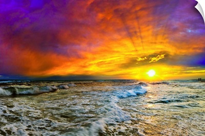 Colorful Seascape Sunset With Fiery Red Clouds