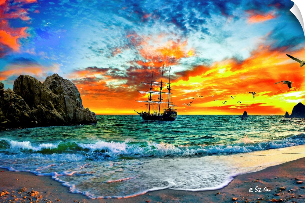 Fantasy art featuring a pirate ship sailing into the sunset in Cabo San Lucas.