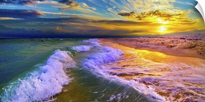 Golden Beach Sunset With Rolling Ocean Waves