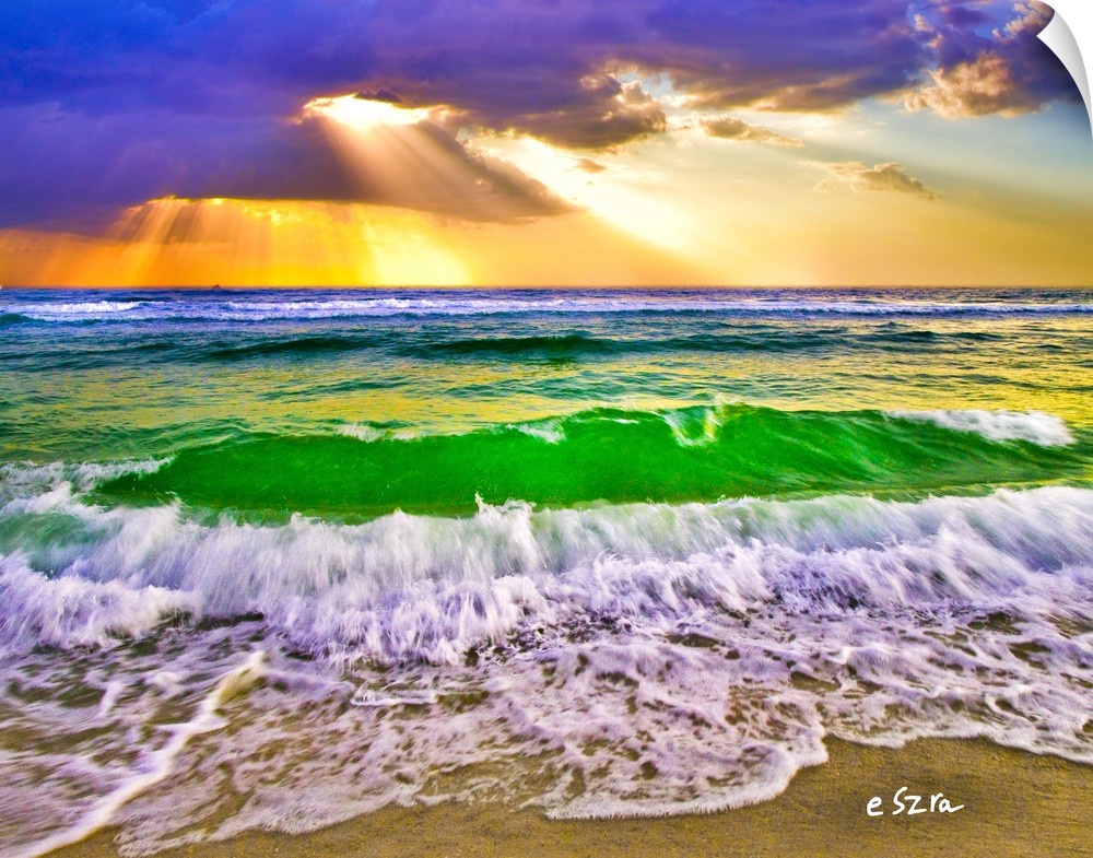 Heavenly light cast on a breaking wave in Florida.