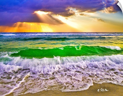 Heavenly Sun Rays Cast Light Breaking Sea Wave