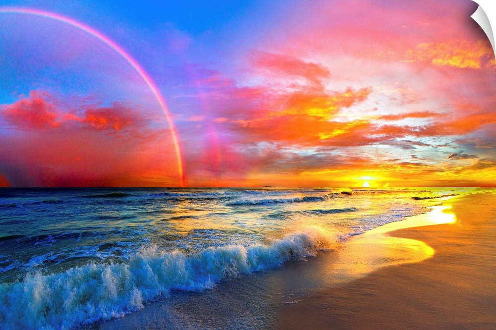 A beautiful colorful pink rainbow and sunset over ocean waves of a sandy beach. The colors and light of the beautiful suns...