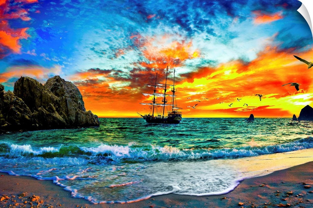 A pirate ship sailing into the sunset behind rocky cliffs. This makes a great print for any pirate ship enthusiasts you ma...