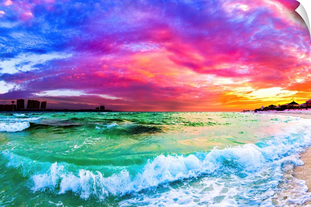A purple and blue sunset with a rolling ocean wave in this beautiful seascape.