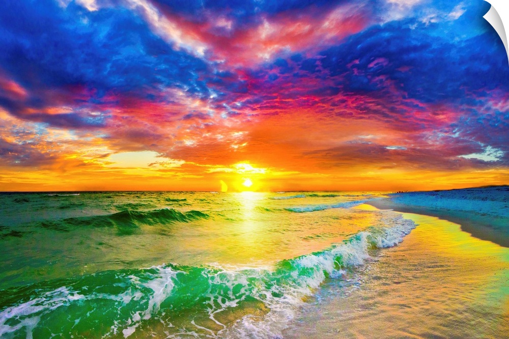 This colorful purple and red sunset is high above a beautiful sea. A green wave crashes on the shore before a beautiful oc...
