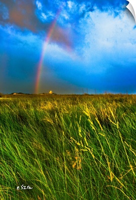 Rainbow Blue Sky Green Grassy Field Panorama
