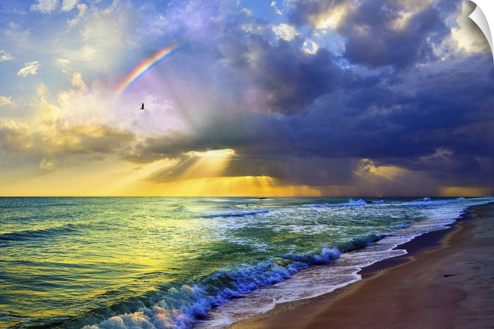 A rainbow seascape of green and blue sea and golden sun rays. Landscape taken near Navarre Beach, Florida.