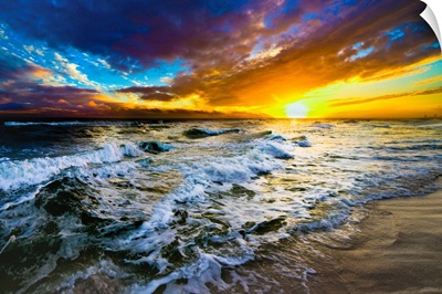 Red And Blue Beach Sunset With Ocean Waves 147