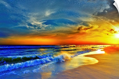 Red Orange Blue Sunset Beach Sea Waves