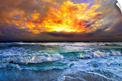 Red Sunset Over Ocean Dark Orange Sky And Waves