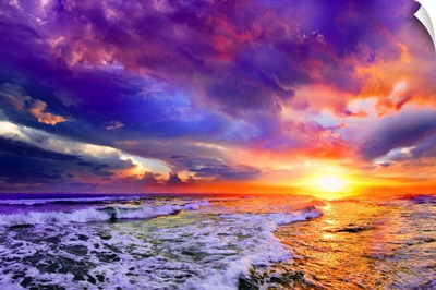 Sea Waves Sunset Abstract Red Purple Pink Clouds