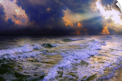 Stormy Cloudy Ocean Sunset Blue Waves Rays