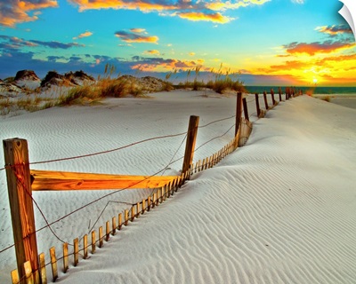 White Sand Beach Sunset-Dunes Crooked Wooden Fence