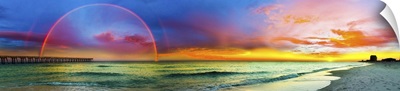 Wide Panorama Of Double Rainbow Sunset Over Beach
