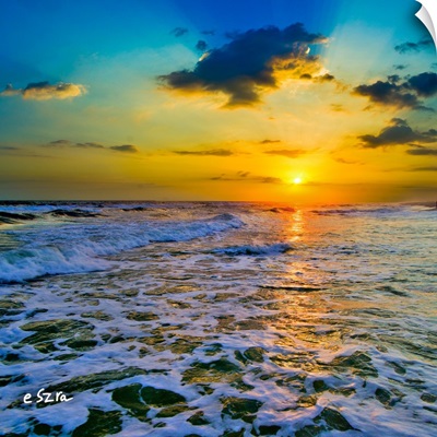 Yellow Sunset Checkered Sea-Square Frame-Sun Rays