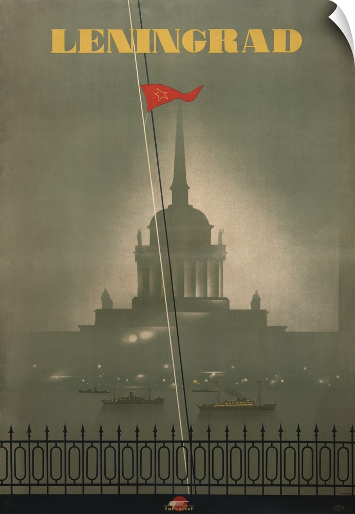 1950s travel poster for Leningrad, now St. Petersburg. Image shows Russian Admiralty building with ships on the Neva River.