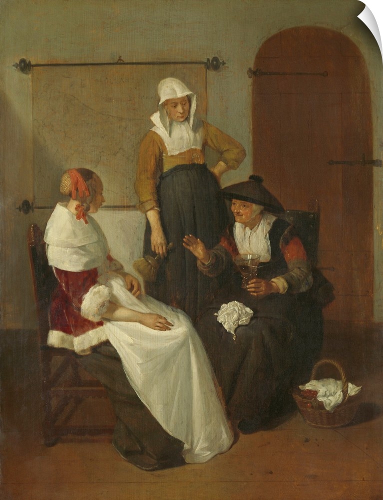 A Confidential Chat, by Quiringh van Brekelenkam, 1661, Dutch painting, oil on panel. An old woman with a shopping basket ...