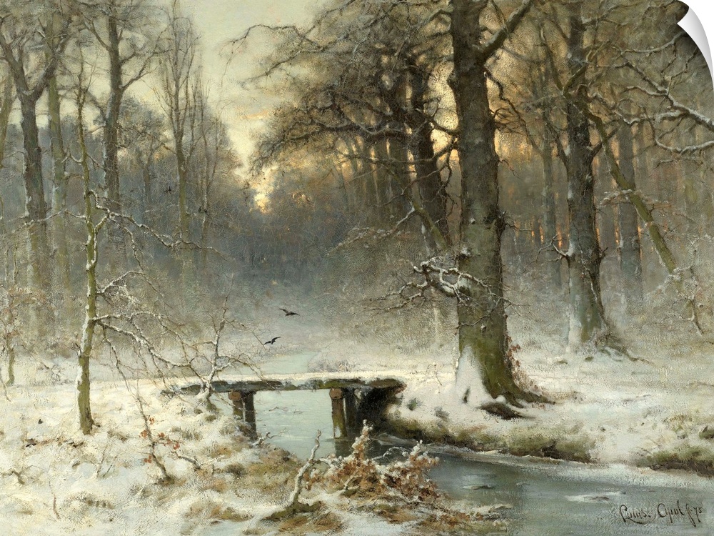 A January Evening in the Woods of The Hague, by Louis Apol, 1875, Dutch painting, oil on canvas. Winter scene with woods, ...