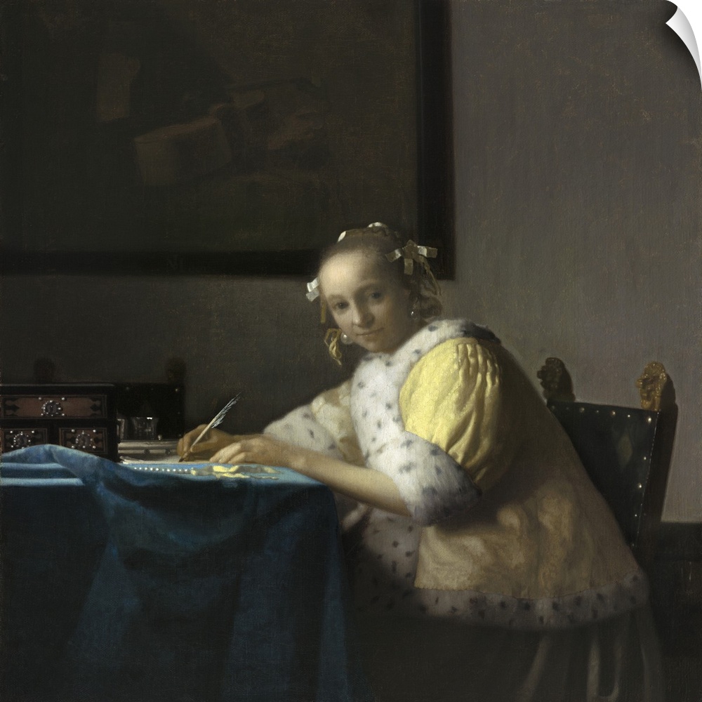 A Lady Writing, by Johannes Vermeer, c. 1665, Dutch painting, oil on canvas. Soft light illuminates the tabletop and , the...