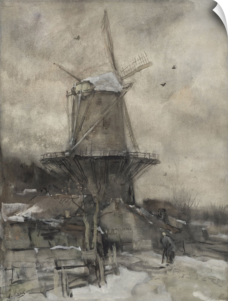 A Mill in the Winter, by Jacob Maris, c. 1880-86, Dutch watercolor painting. A bent figure of an old women walks toward th...