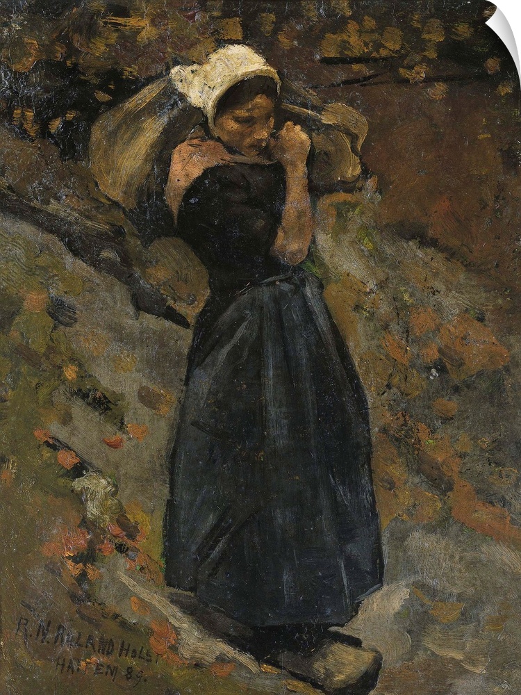 A Peasant Woman Carrying a Sack, by Richard Roland Holst, 1889. Dutch painting, oil on canvas. She wears a white cap and c...