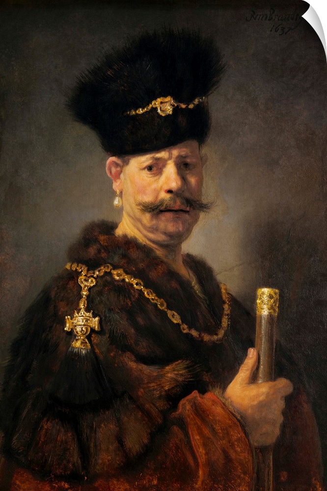 A Polish Nobleman, by Rembrandt van Rijn, 1637, Dutch painting, oil on panel. This is a costume portrait, and may even be ...