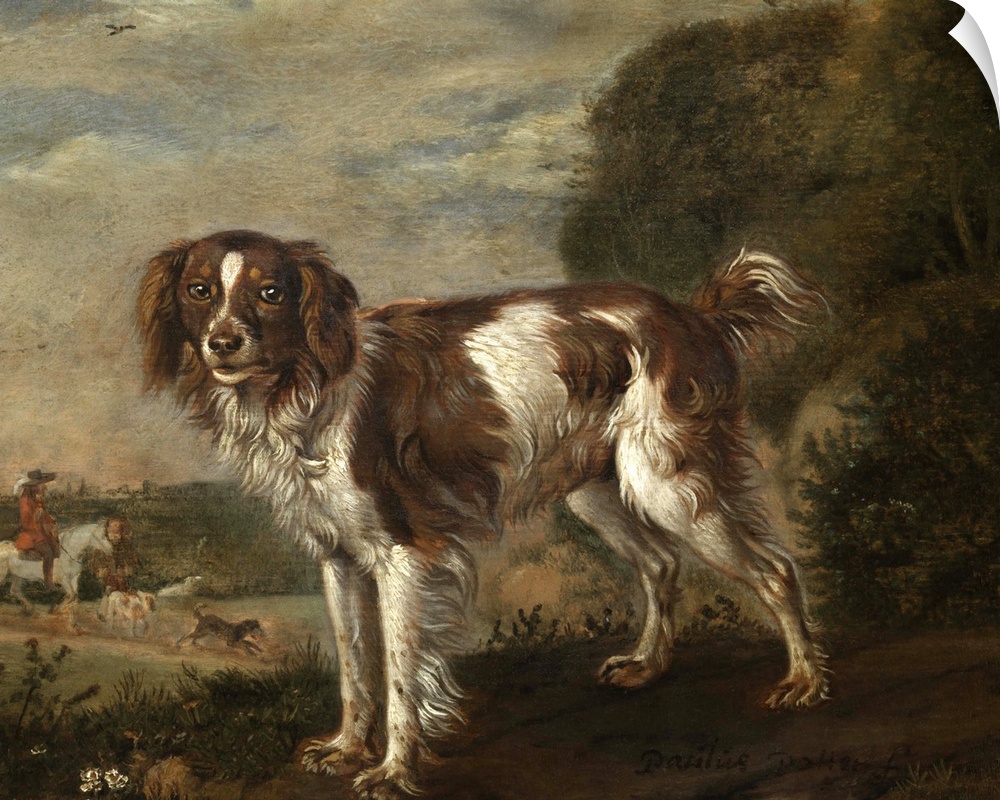 A Spaniel, by Paulus Potter, 1653, Dutch painting, oil on panel. A landscape with a partridge dog and a hunter on horsebac...