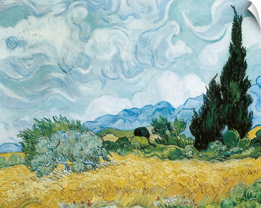 Classic painting of a field with a tree and mountains in the distance and swirling clouds on canvas.